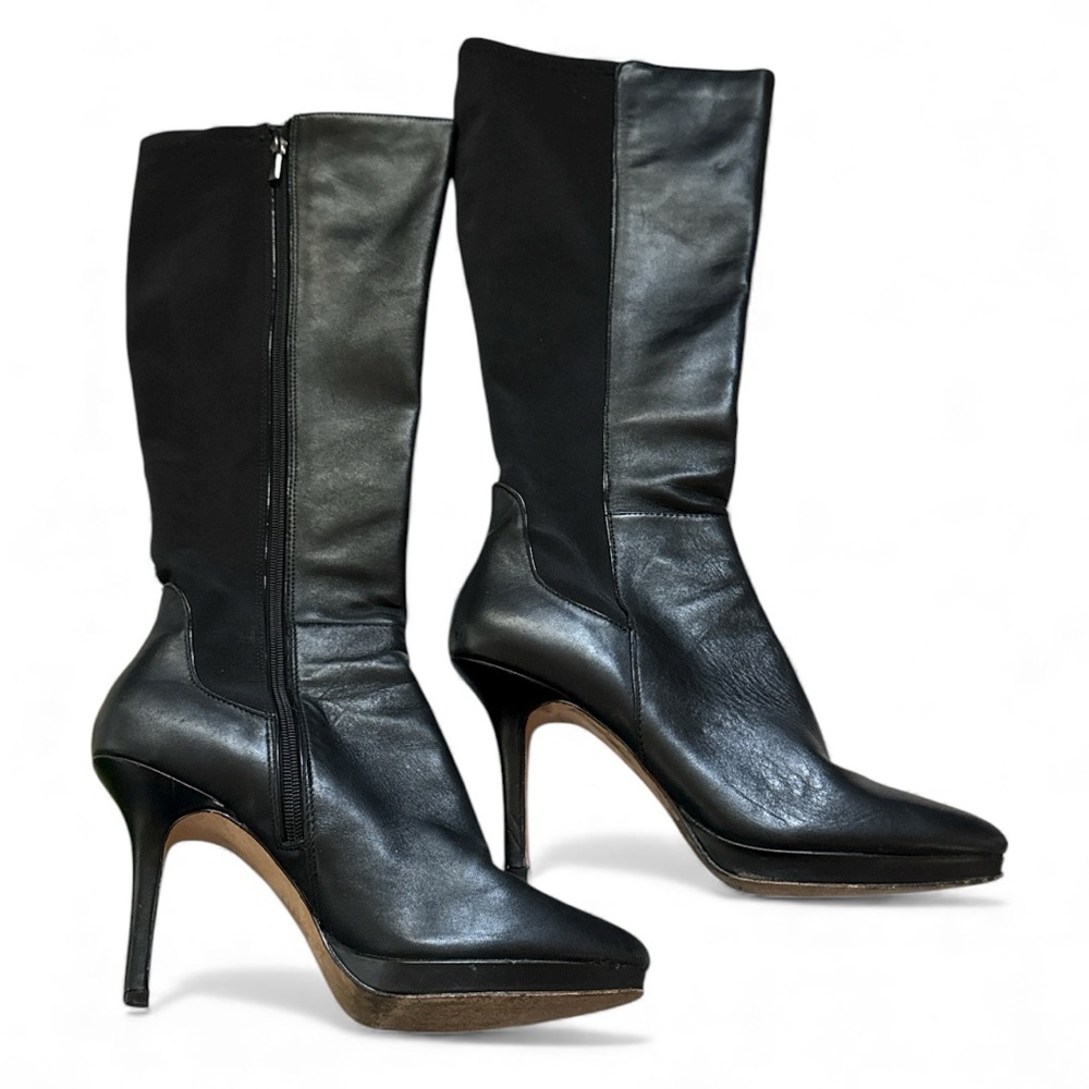 White House Black Market  Black Leather textile knee Womens Boots heels Sz 9 1/2